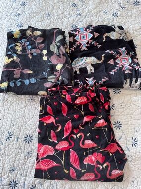 ALL THREE PAIR! Women's Black Leggings with Flamingo, Elephant, and Leaf designs